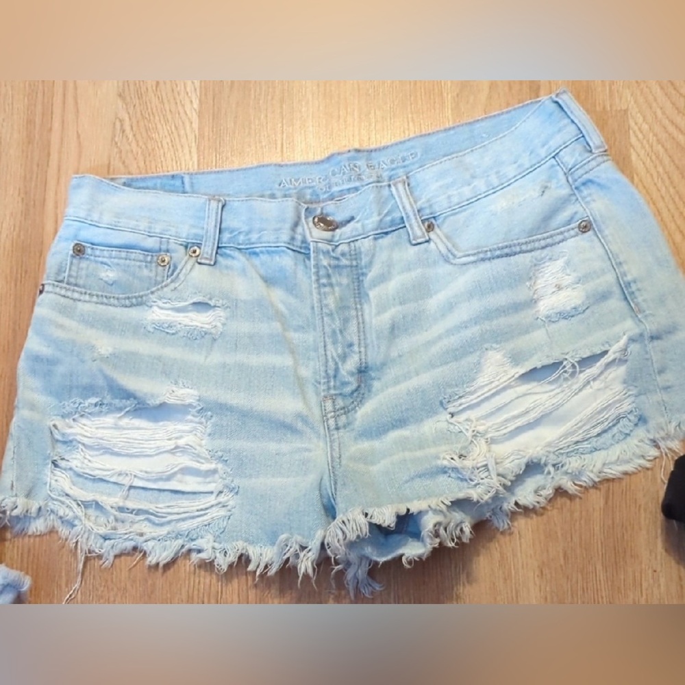 American Eagle Outfitters Distressed Light Blue High-Waist Denim Shorts | 10